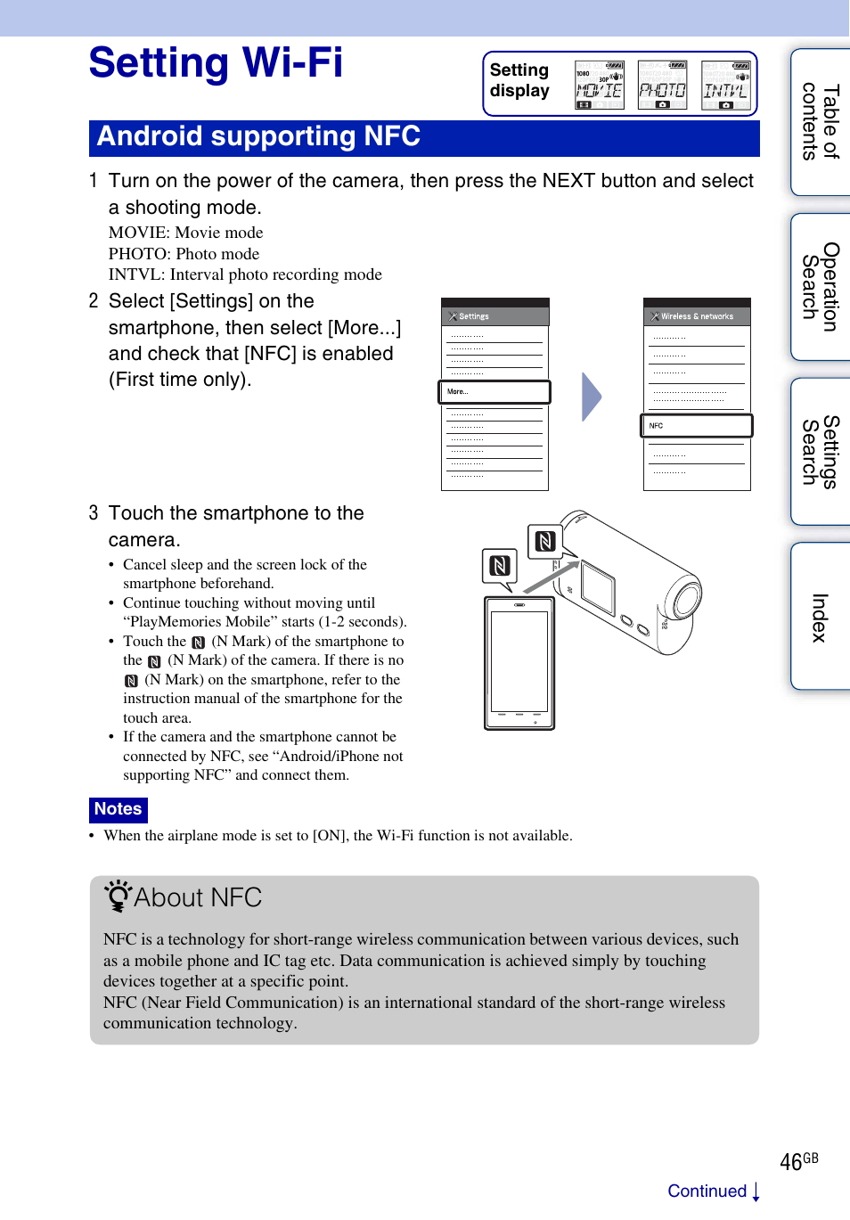 Setting wi-fi, Android supporting nfc, About nfc | Sony HDR-AS30V User Manual | Page 46 / 73