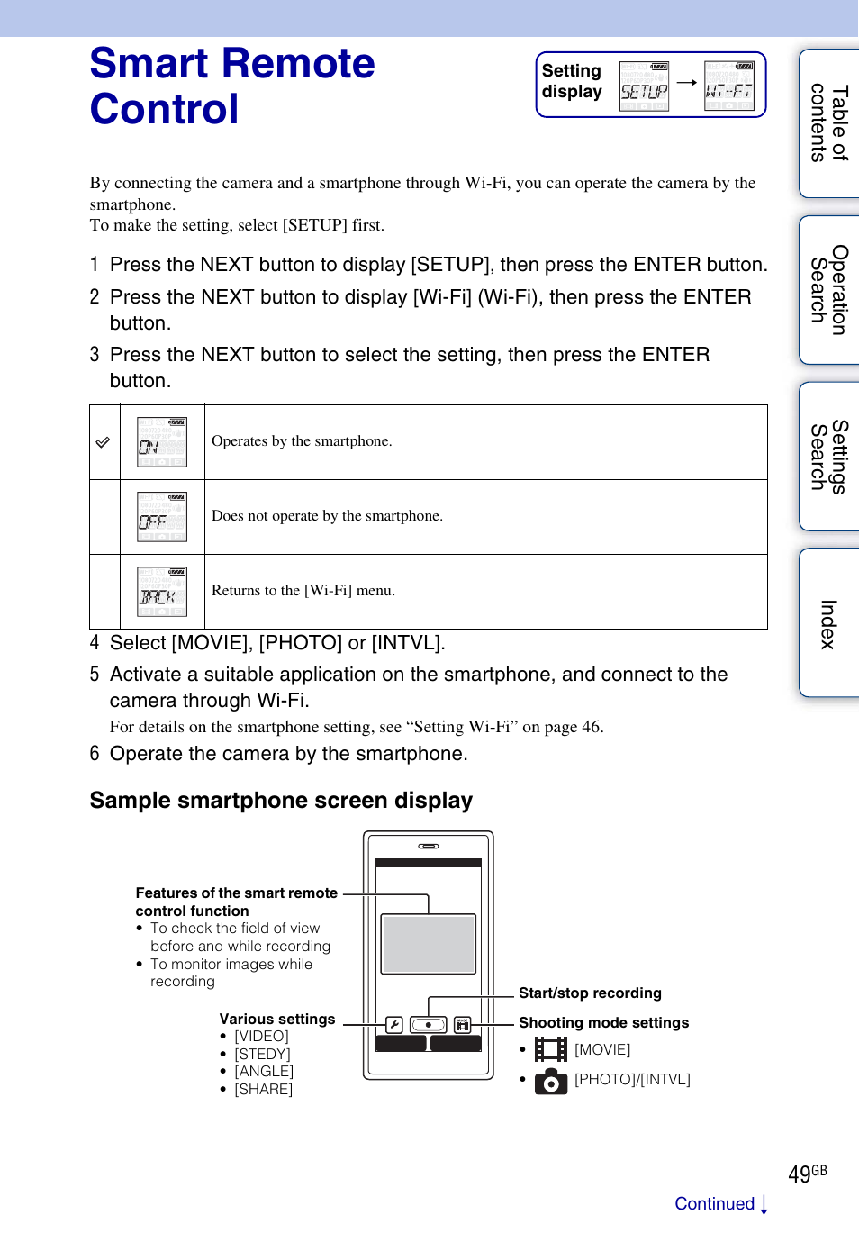 Smart remote control, Sample smartphone screen display | Sony HDR-AS30V User Manual | Page 49 / 73