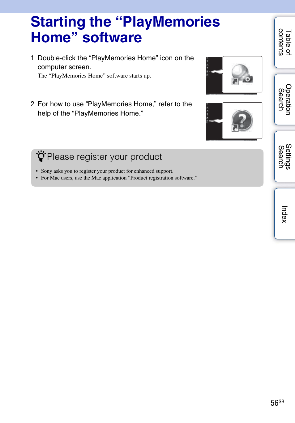 Starting the “playmemories home” software, Please register your product | Sony HDR-AS30V User Manual | Page 56 / 73