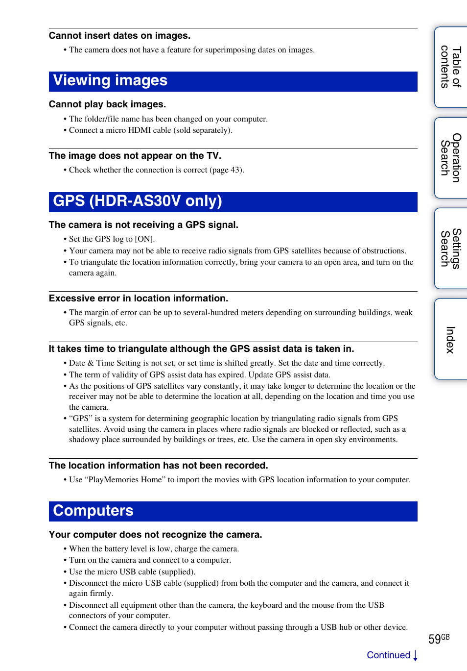 Viewing images gps (hdr-as30v only) computers | Sony HDR-AS30V User Manual | Page 59 / 73