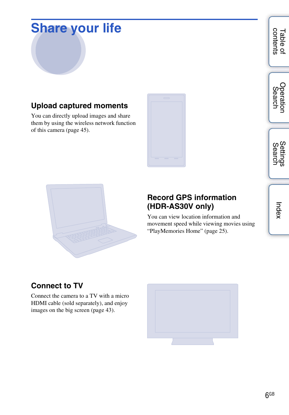 Share your life | Sony HDR-AS30V User Manual | Page 6 / 73