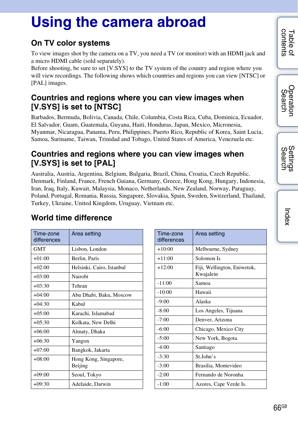 Using the camera abroad, On tv color systems, World time difference | Sony HDR-AS30V User Manual | Page 66 / 73