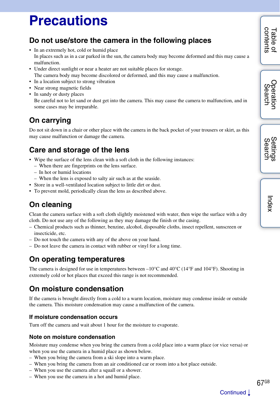 Precautions, On carrying, Care and storage of the lens | On cleaning, On operating temperatures, On moisture condensation | Sony HDR-AS30V User Manual | Page 67 / 73