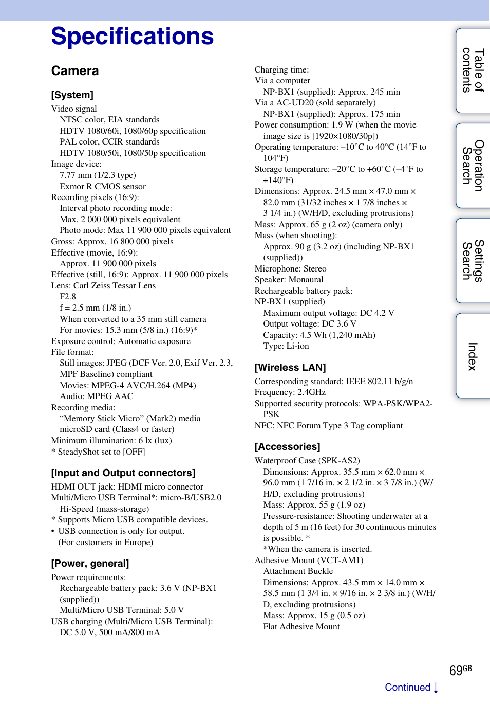 Specifications, Camera | Sony HDR-AS30V User Manual | Page 69 / 73