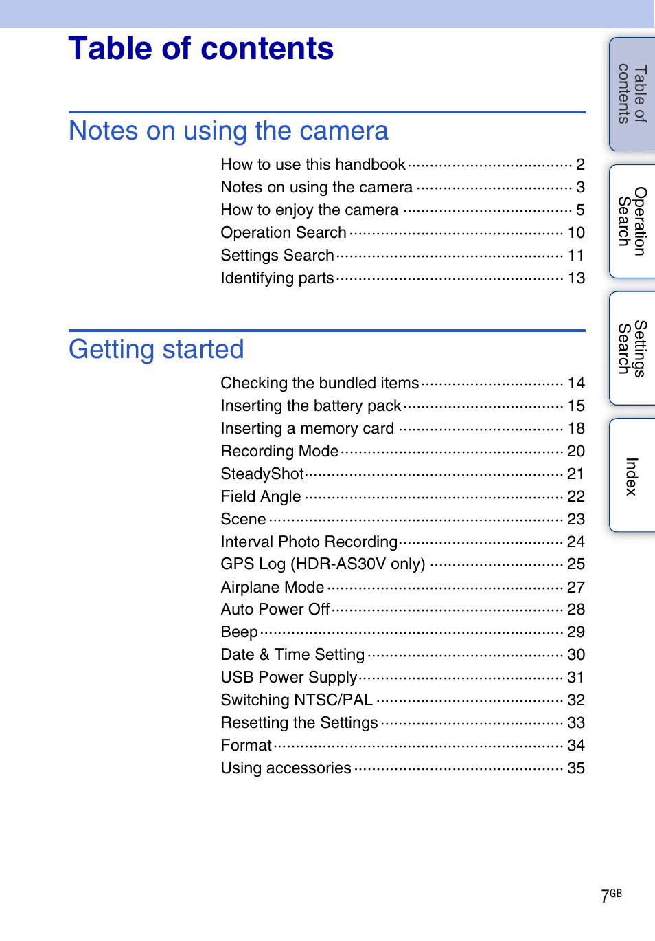 Sony HDR-AS30V User Manual | Page 7 / 73