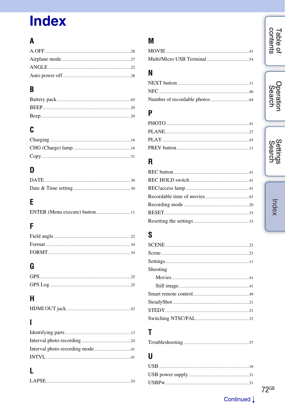 Index | Sony HDR-AS30V User Manual | Page 72 / 73