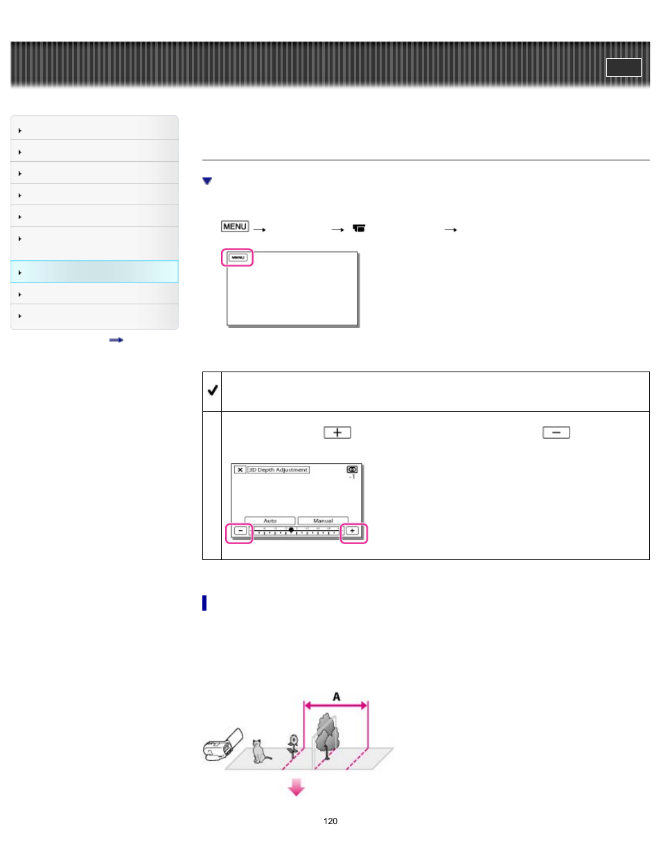 3d depth adjustment (3d only), Handycam" user guide | Sony HDR-TD30V User Manual | Page 120 / 250