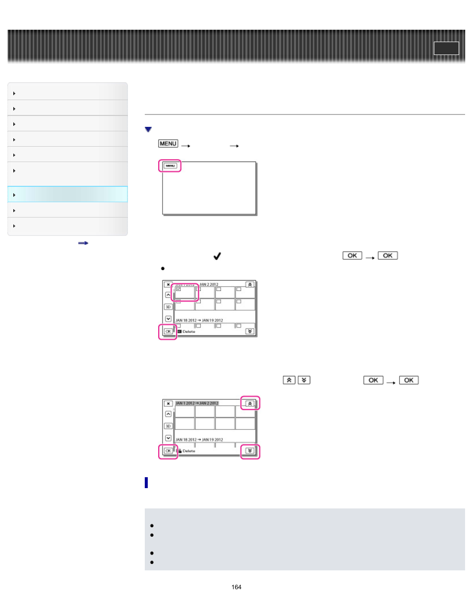 Delete, Handycam" user guide | Sony HDR-TD30V User Manual | Page 164 / 250