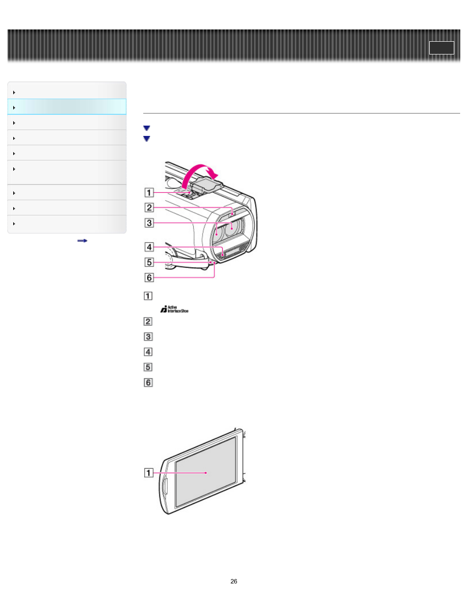 Parts and controls, Handycam" user guide | Sony HDR-TD30V User Manual | Page 26 / 250