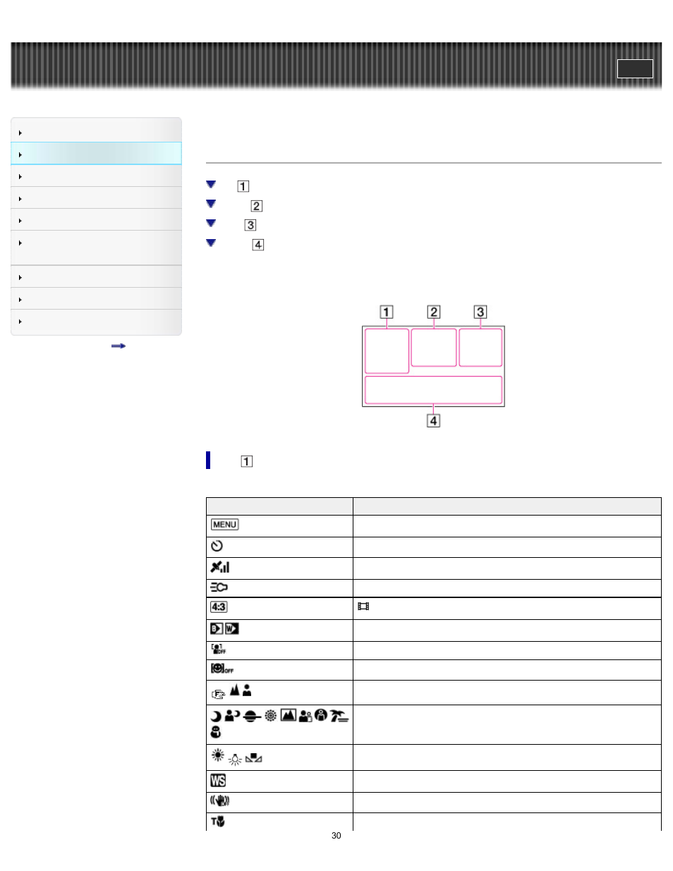 Screen indicators, Handycam" user guide | Sony HDR-TD30V User Manual | Page 30 / 250