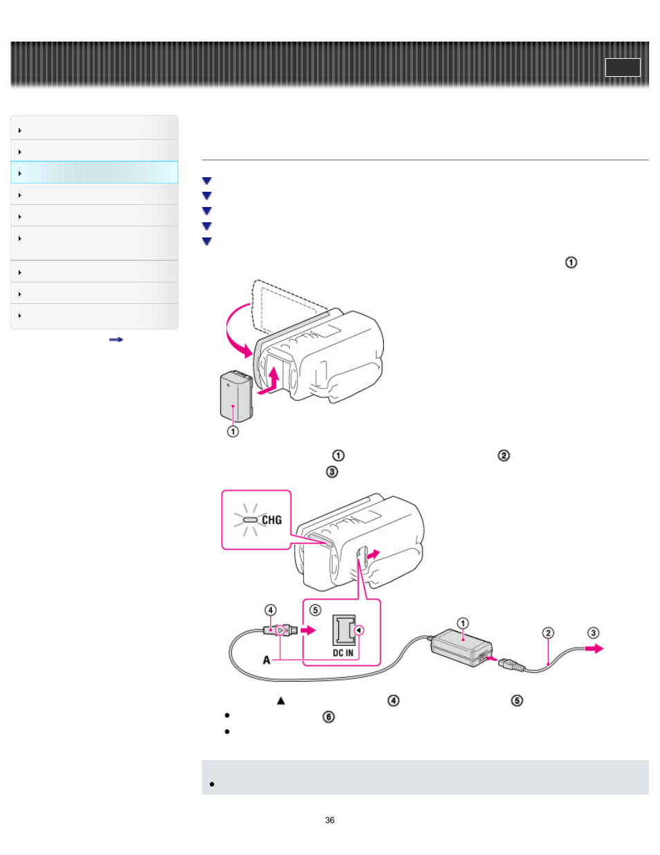 Charging the battery using the ac adaptor, Handycam" user guide | Sony HDR-TD30V User Manual | Page 36 / 250