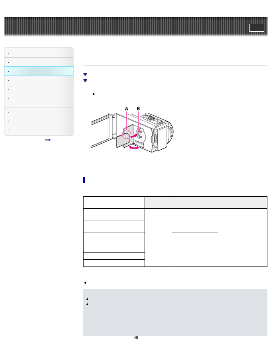 Inserting a memory card, Handycam" user guide | Sony HDR-TD30V User Manual | Page 45 / 250