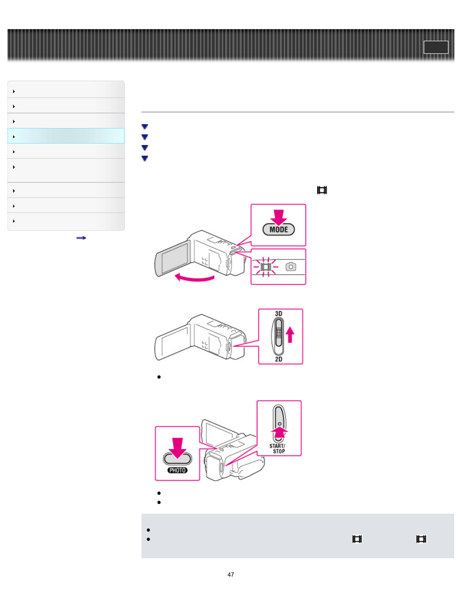 Recording movies, Handycam" user guide | Sony HDR-TD30V User Manual | Page 47 / 250