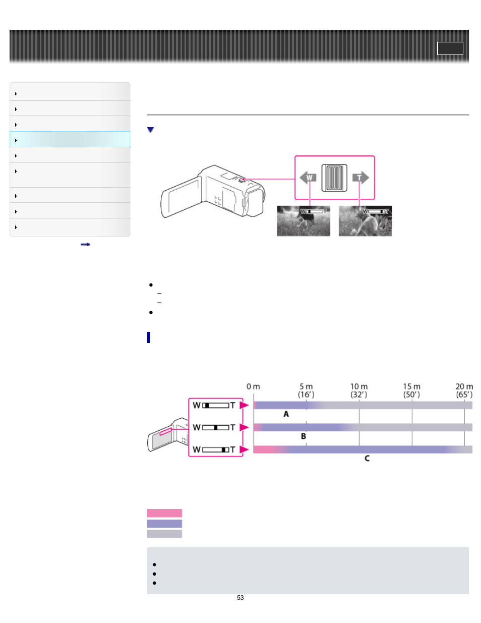 Zooming, Handycam" user guide | Sony HDR-TD30V User Manual | Page 53 / 250