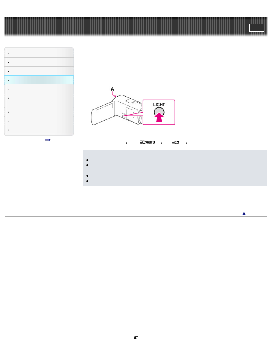 Recording movies in dim places (video light), Handycam" user guide | Sony HDR-TD30V User Manual | Page 57 / 250