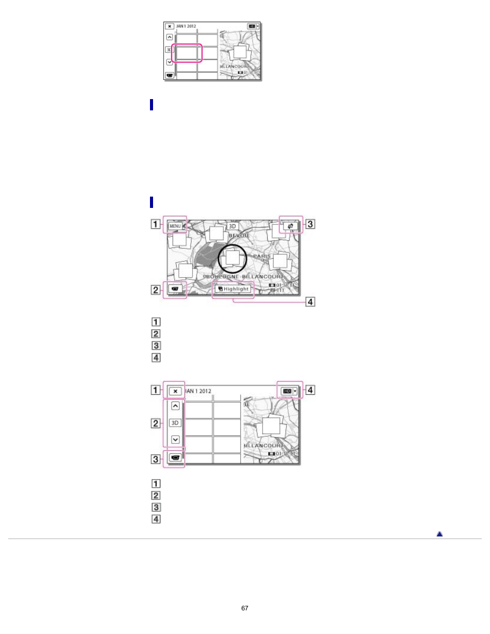 When you use the map data for the first time, Screen display on the map view | Sony HDR-TD30V User Manual | Page 67 / 250