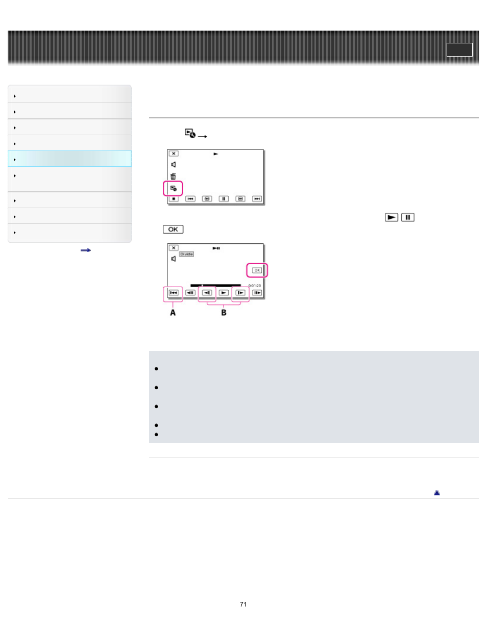 Dividing a movie, Handycam" user guide | Sony HDR-TD30V User Manual | Page 71 / 250
