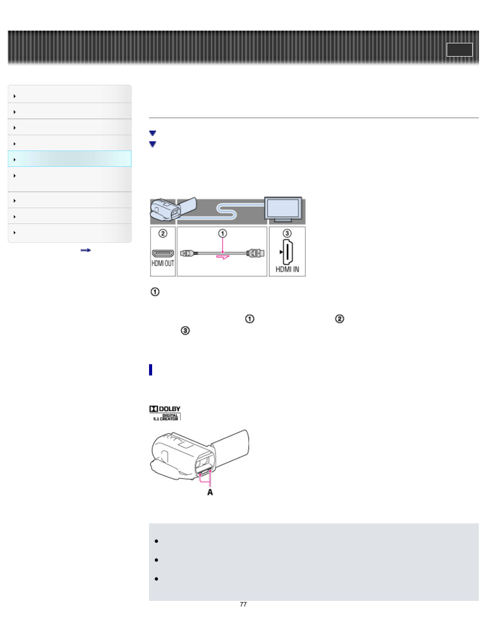 Connecting the camcorder to a 3d tv, Handycam" user guide | Sony HDR-TD30V User Manual | Page 77 / 250