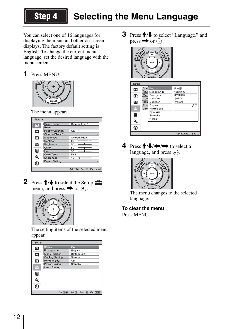 Selecting the menu language, Selecting the menu language step 4 | Sony VPL-VW600ES User Manual | Page 12 / 19