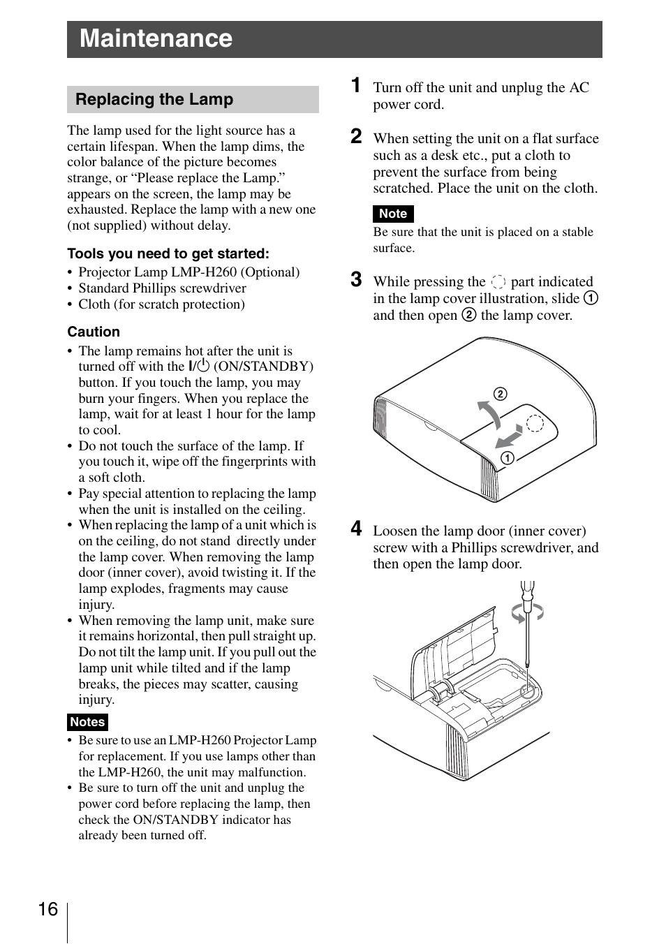 Maintenance, Replacing the lamp | Sony VPL-VW600ES User Manual | Page 16 / 19