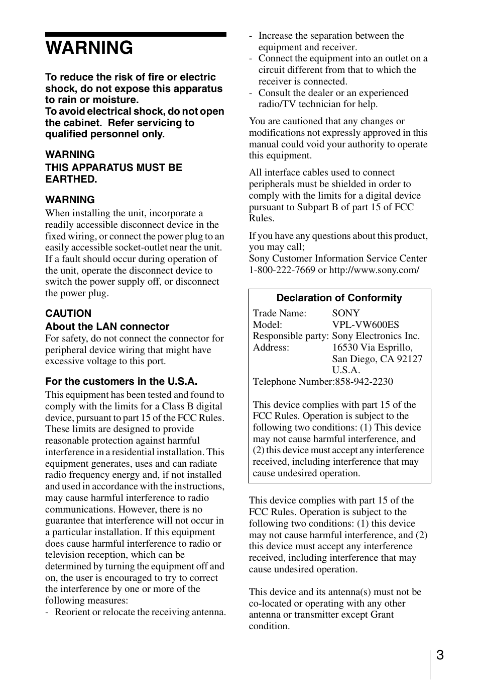 Warning | Sony VPL-VW600ES User Manual | Page 3 / 19