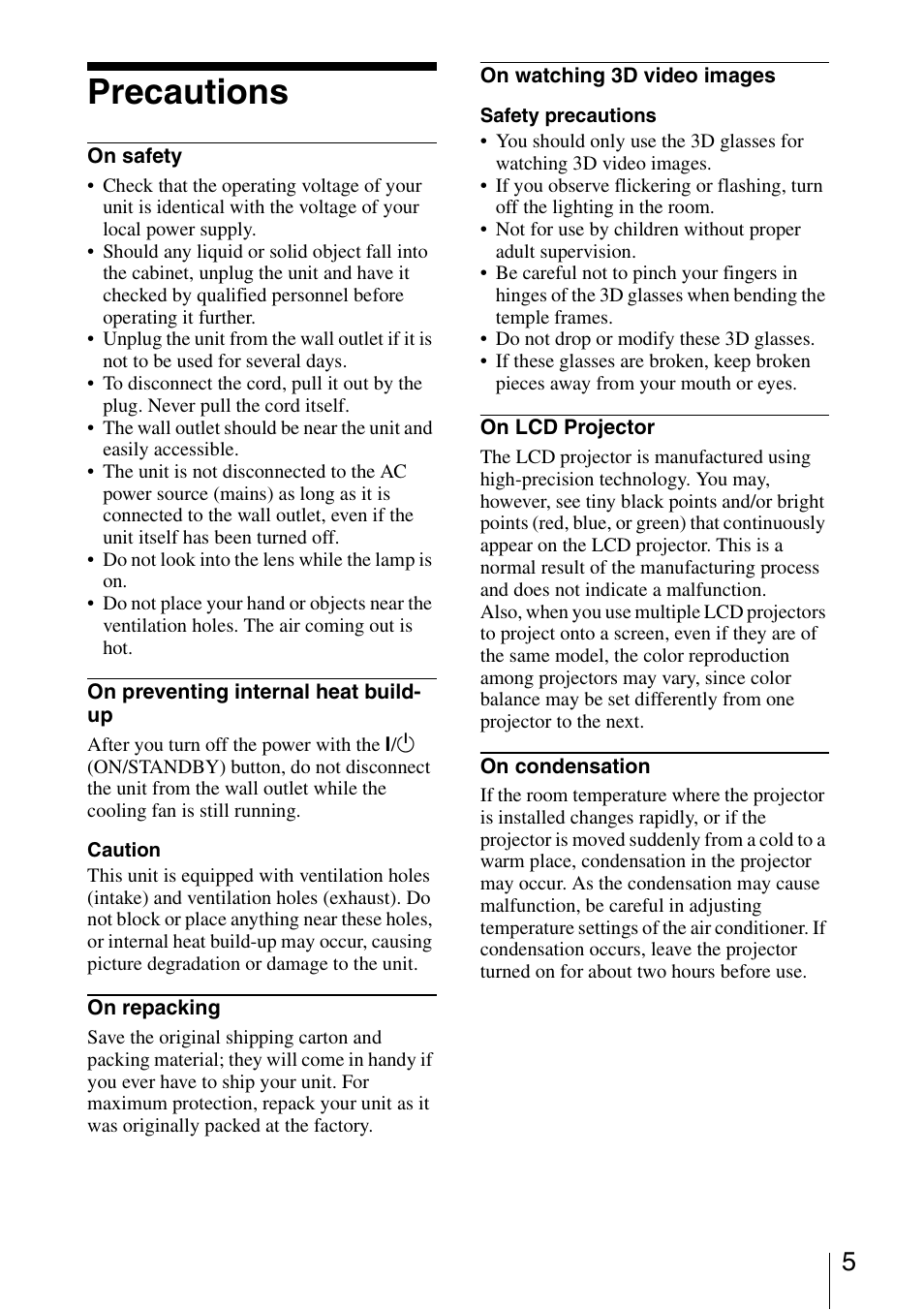 Precautions | Sony VPL-VW600ES User Manual | Page 5 / 19