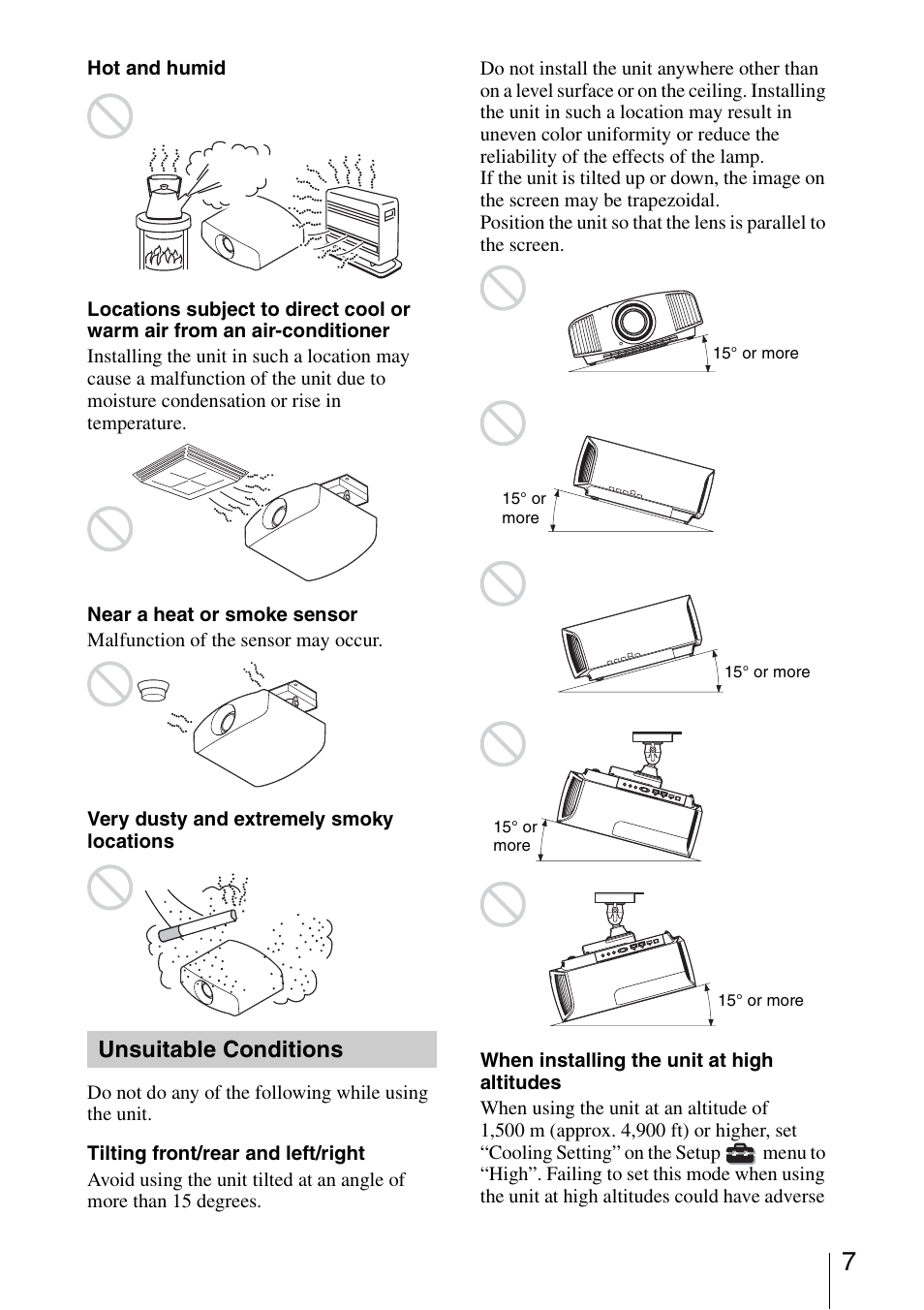 Unsuitable conditions | Sony VPL-VW600ES User Manual | Page 7 / 19