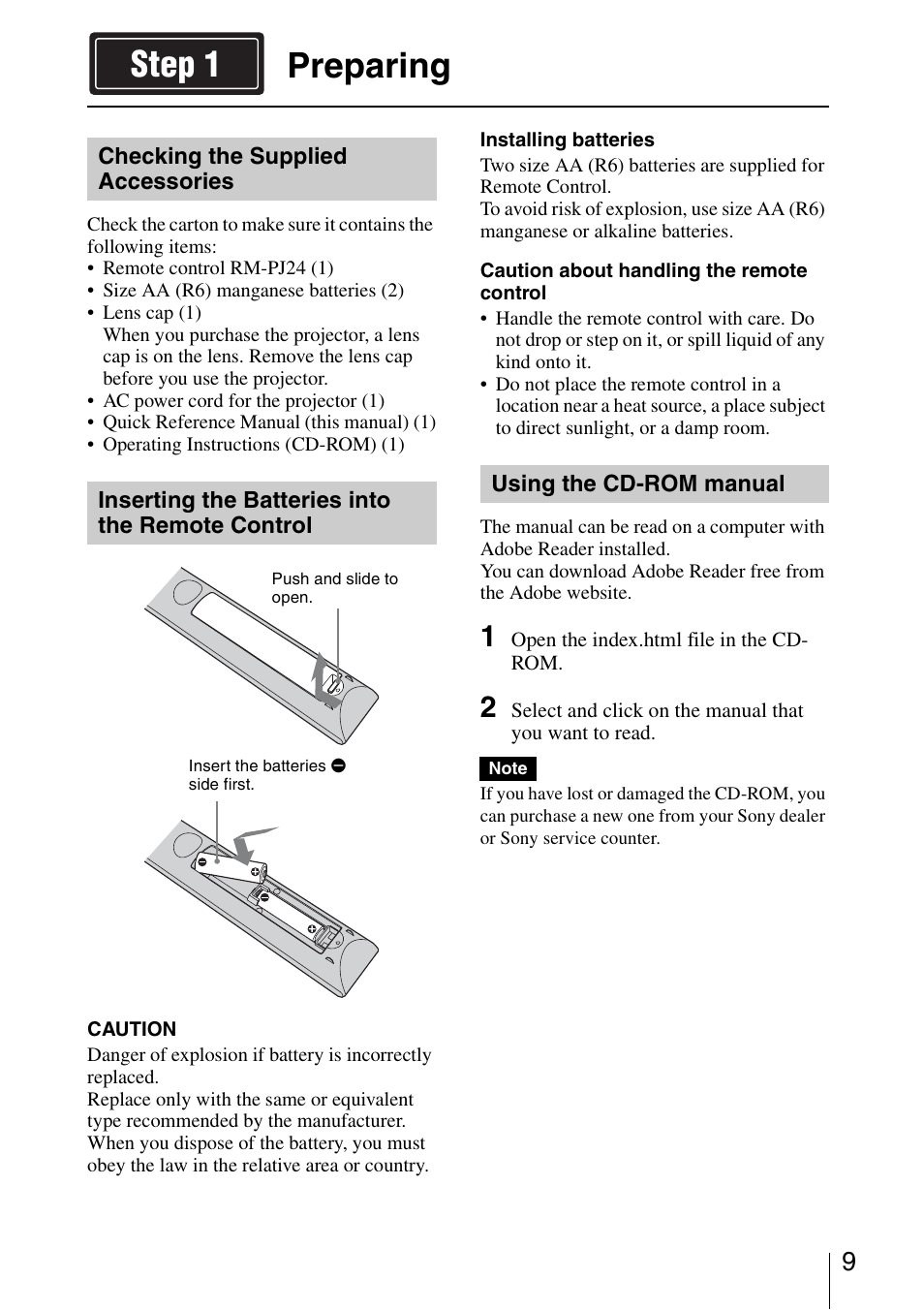Preparing, Preparing step 1 | Sony VPL-VW600ES User Manual | Page 9 / 19