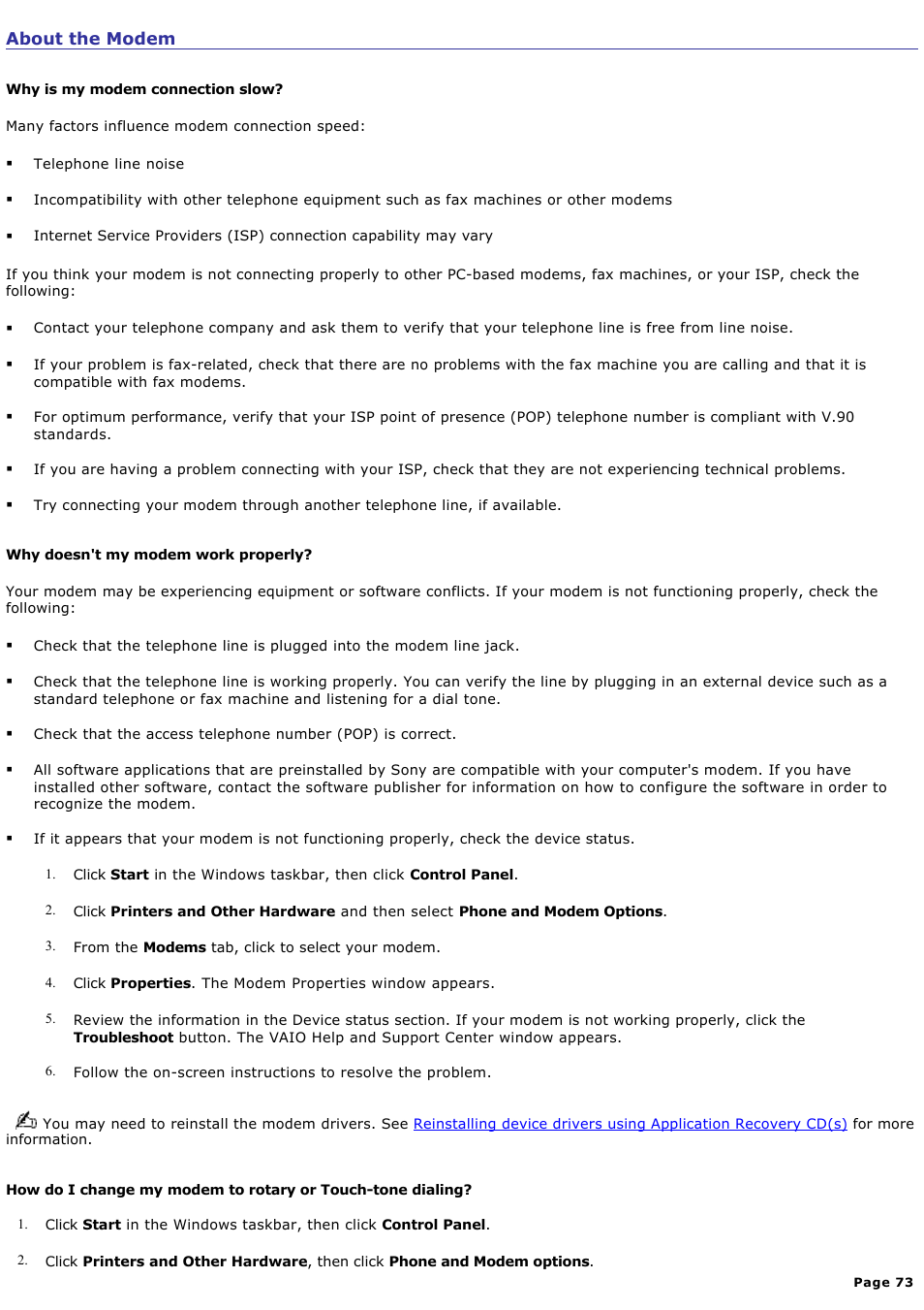 About the modem | Sony PCV-RZ24G User Manual | Page 73 / 87