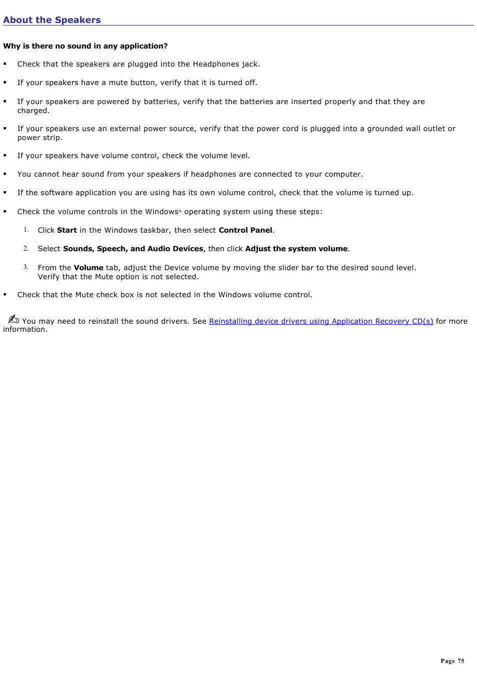 About the speakers | Sony PCV-RZ24G User Manual | Page 75 / 87