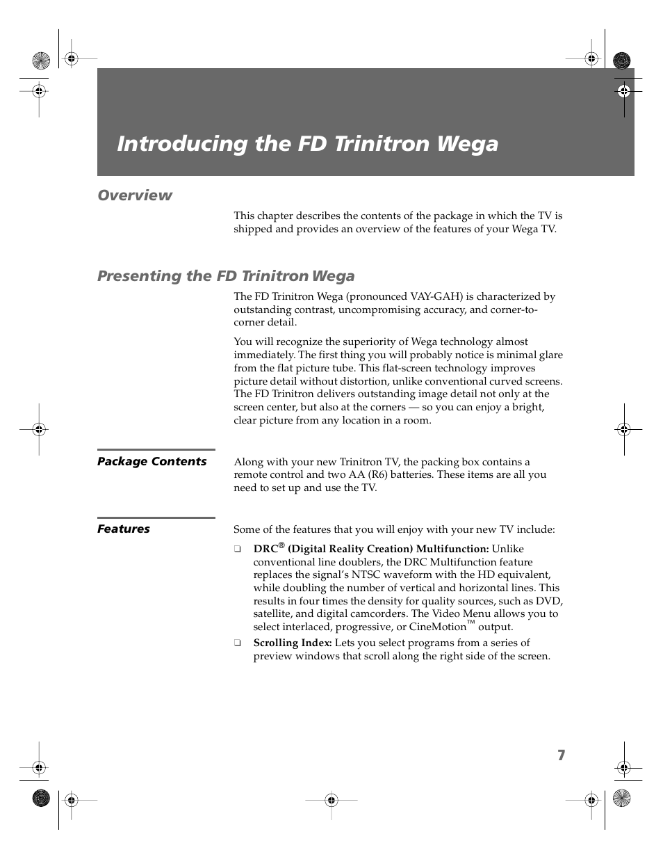 Introducing the fd trinitron wega, Overview, Presenting the fd trinitron | Wega | Sony KV-32HS510 User Manual | Page 8 / 89