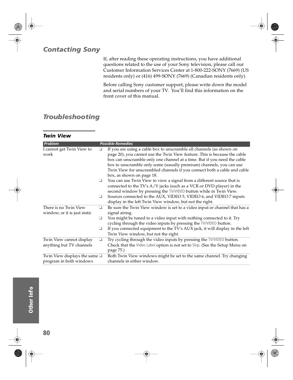 Contacting sony, Troubleshooting | Sony KV-32HS510 User Manual | Page 81 / 89