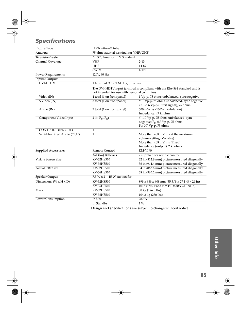 Specifications | Sony KV-32HS510 User Manual | Page 86 / 89