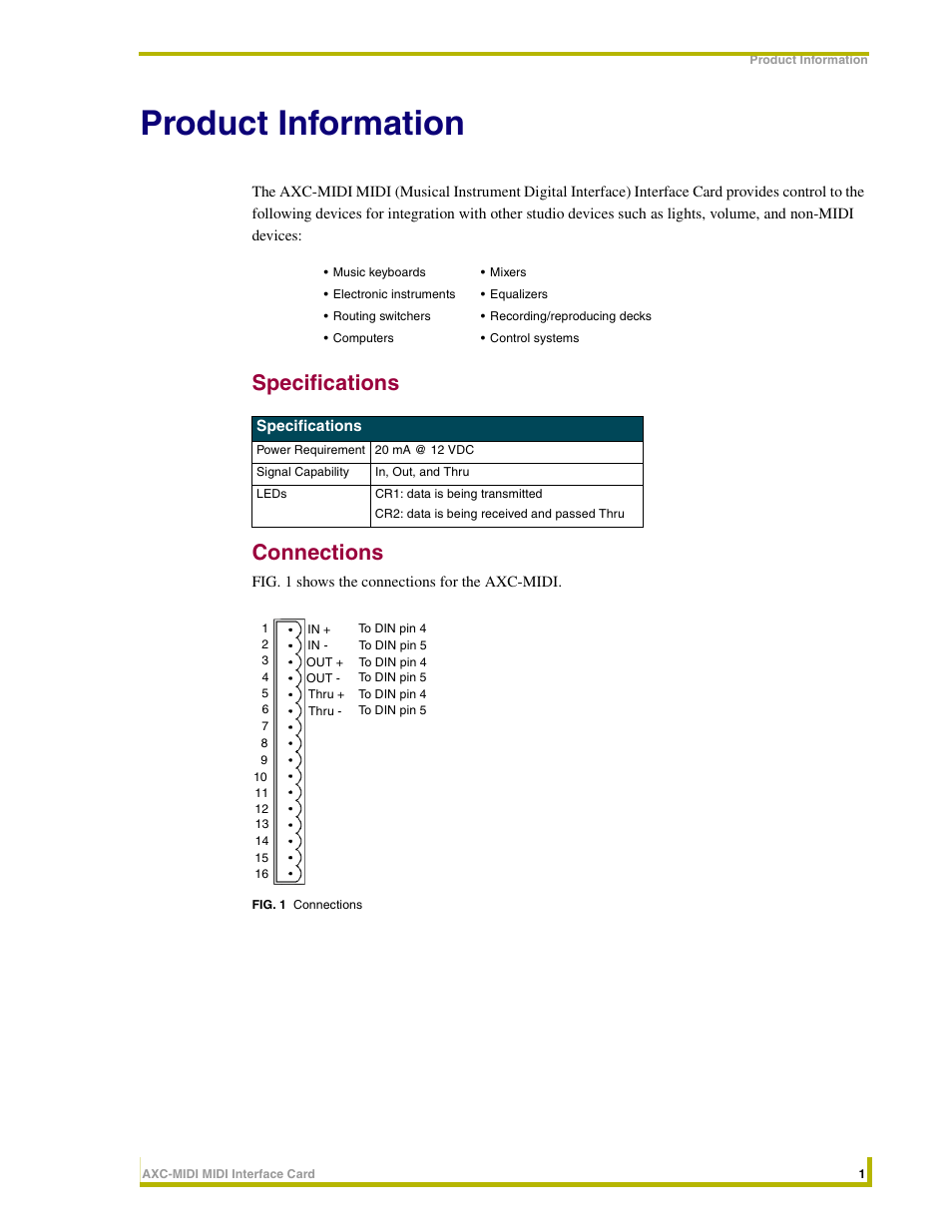 Product information, Specifications, Connections | Specifications connections | AMX MIDI Interface Card AXC-MIDI User Manual | Page 5 / 8