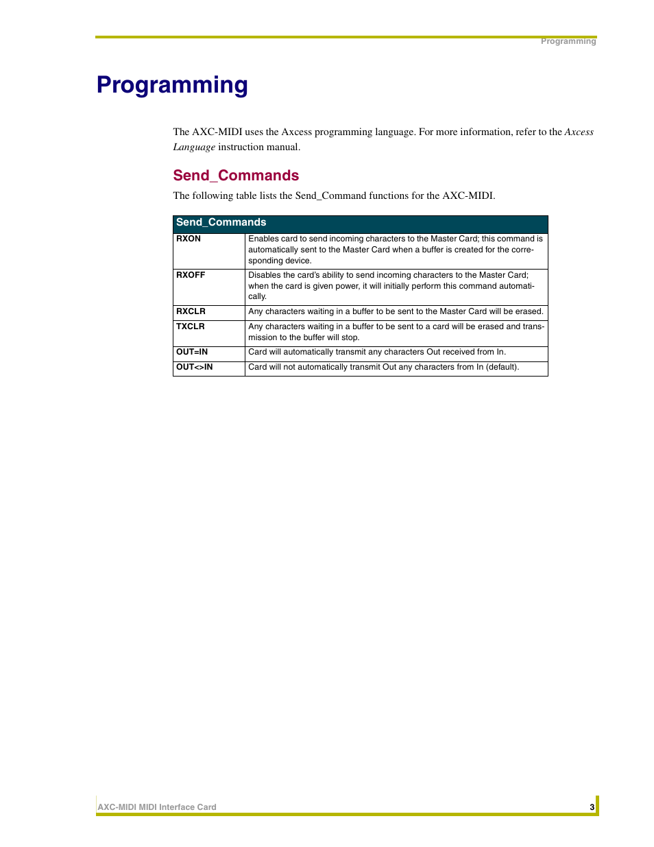 Programming, Send_commands | AMX MIDI Interface Card AXC-MIDI User Manual | Page 7 / 8