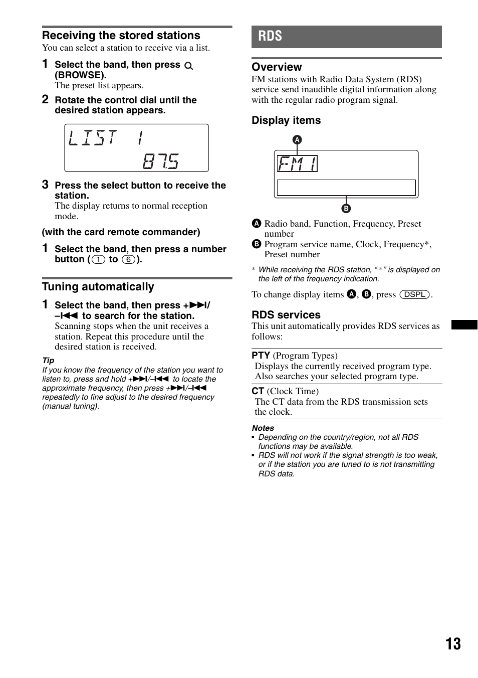 Receiving the stored stations, Tuning automatically, Overview | Receiving the stored stations tuning automatically | Sony DSX-S100 User Manual | Page 13 / 80