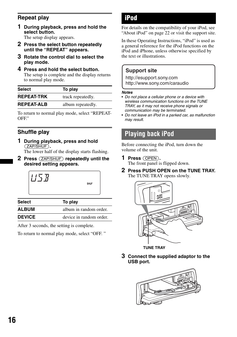 Repeat play, Shuffle play, Ipod | Playing back ipod, Repeat play shuffle play | Sony DSX-S100 User Manual | Page 16 / 80