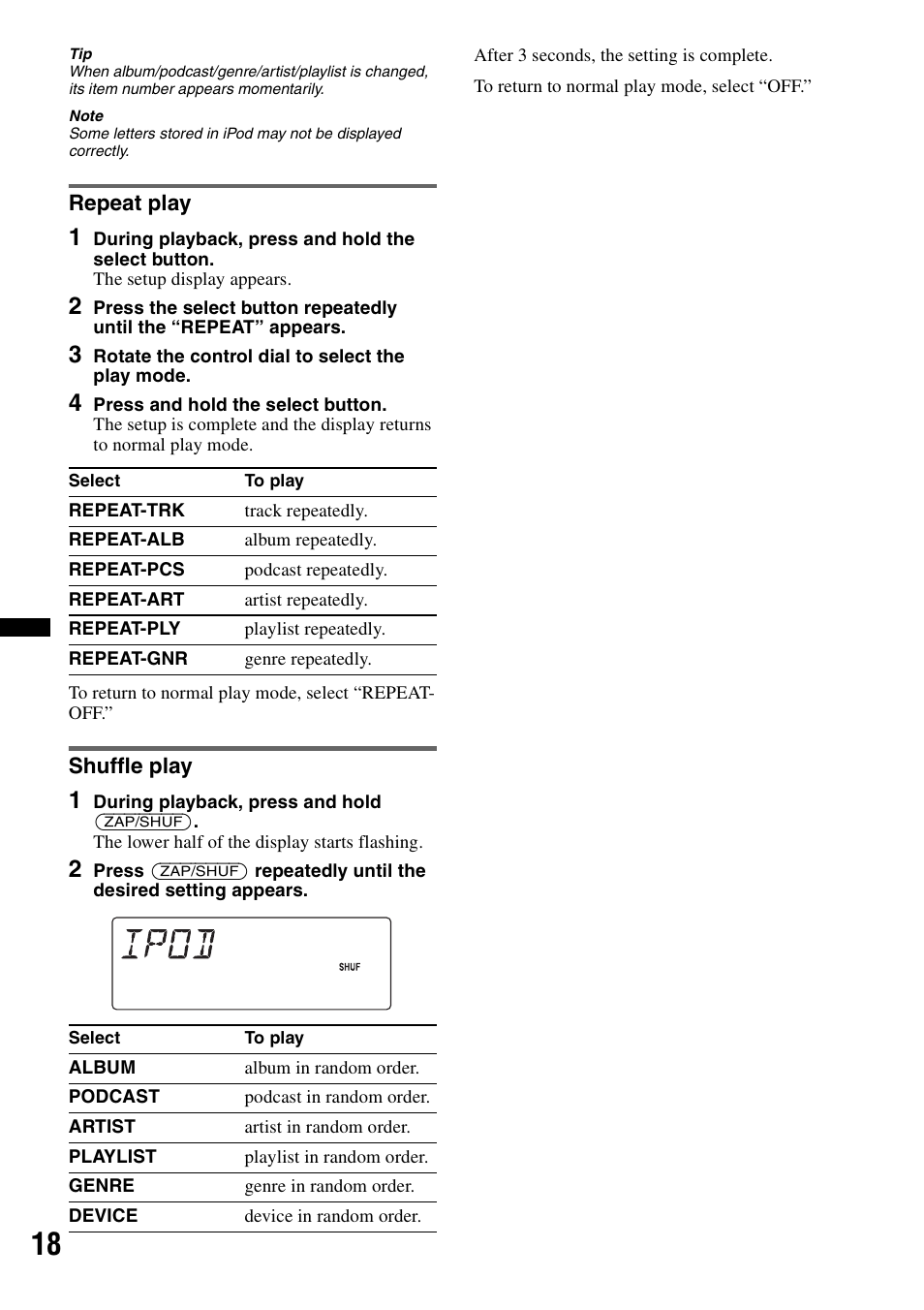 Repeat play, Shuffle play, Repeat play shuffle play | Sony DSX-S100 User Manual | Page 18 / 80