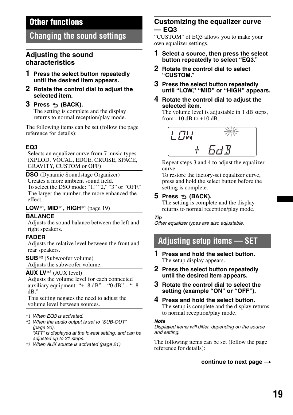 Other functions, Changing the sound settings, Adjusting the sound characteristics | Customizing the equalizer curve - eq3, Adjusting setup items - set, Adjusting setup items — set, Other functions changing the sound settings | Sony DSX-S100 User Manual | Page 19 / 80