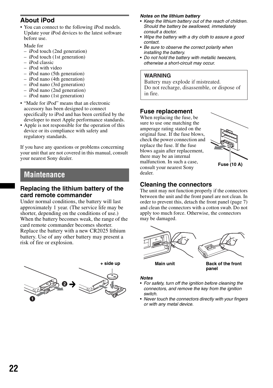 About ipod, Maintenance | Sony DSX-S100 User Manual | Page 22 / 80