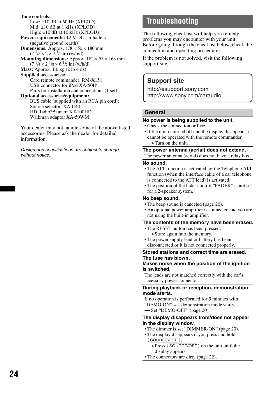 Troubleshooting, Support site | Sony DSX-S100 User Manual | Page 24 / 80