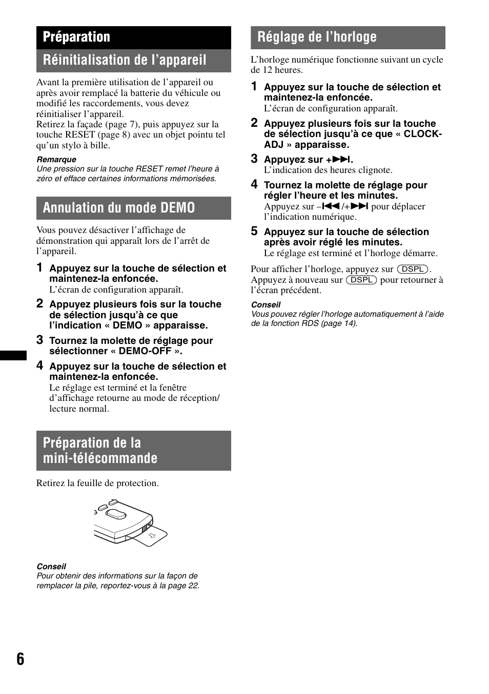 Préparation, Réinitialisation de l’appareil, Annulation du mode demo | Préparation de la mini-télécommande, Réglage de l’horloge, Préparation réinitialisation de l’appareil | Sony DSX-S100 User Manual | Page 32 / 80