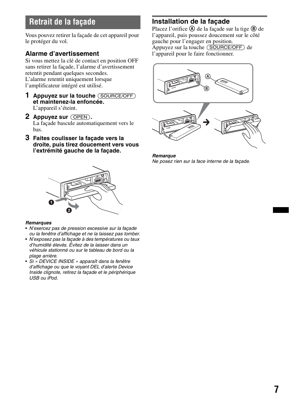 Retrait de la façade, Installation de la façade | Sony DSX-S100 User Manual | Page 33 / 80