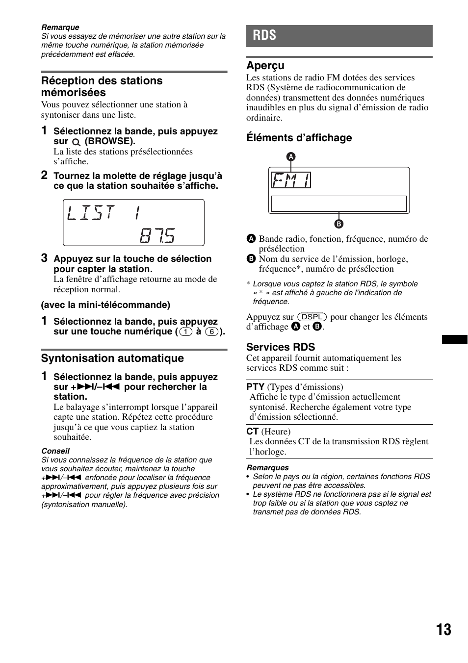 Réception des stations mémorisées, Syntonisation automatique, Aperçu | Sony DSX-S100 User Manual | Page 39 / 80