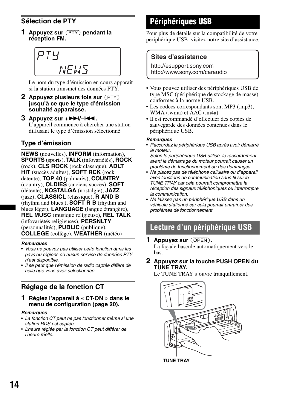 Sélection de pty, Réglage de la fonction ct, Périphériques usb | Lecture d’un périphérique usb, Sélection de pty réglage de la fonction ct | Sony DSX-S100 User Manual | Page 40 / 80