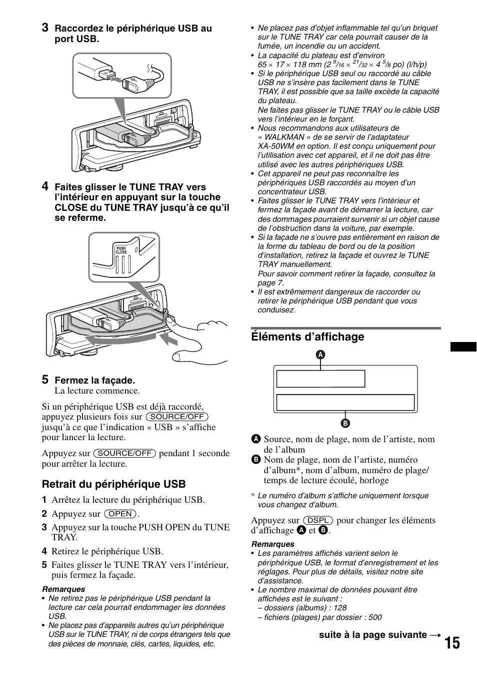 Éléments d’affichage, Retrait du périphérique usb | Sony DSX-S100 User Manual | Page 41 / 80