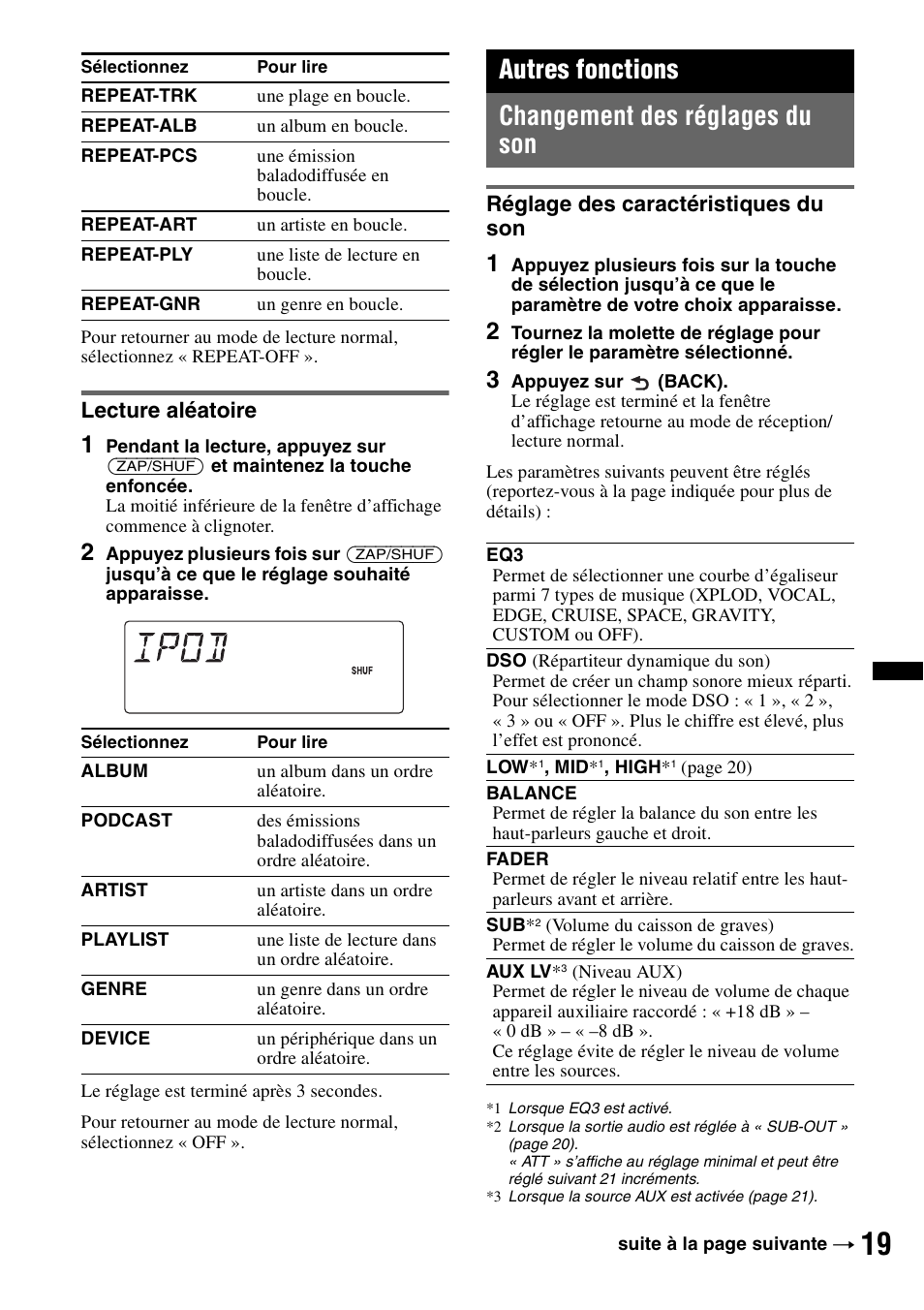 Lecture aléatoire, Autres fonctions, Changement des réglages du son | Réglage des caractéristiques du son, Autres fonctions changement des réglages du son | Sony DSX-S100 User Manual | Page 45 / 80