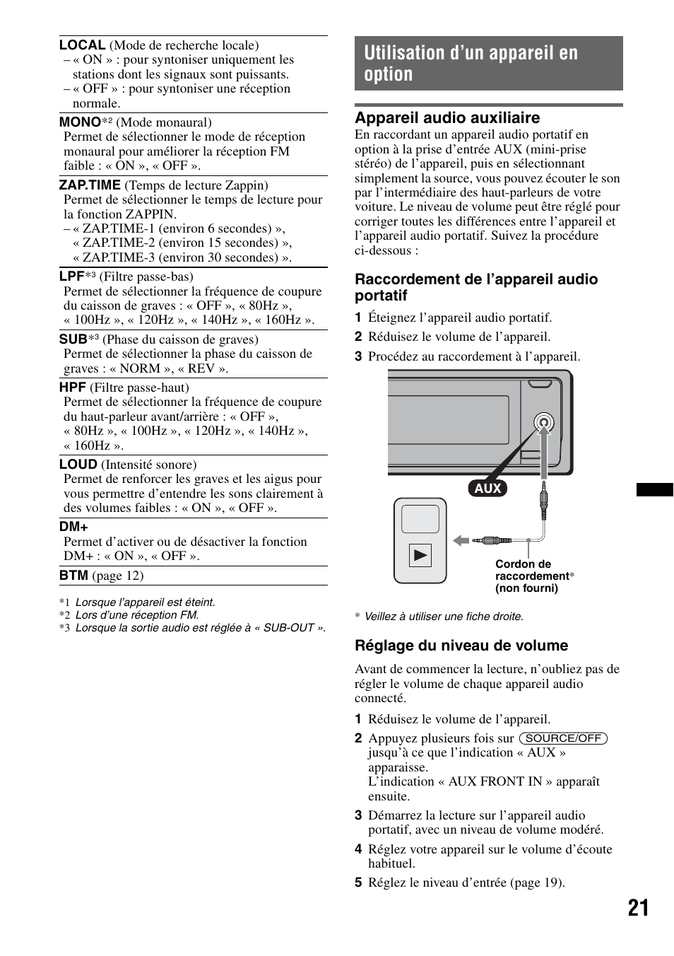 Utilisation d’un appareil en option, Appareil audio auxiliaire | Sony DSX-S100 User Manual | Page 47 / 80