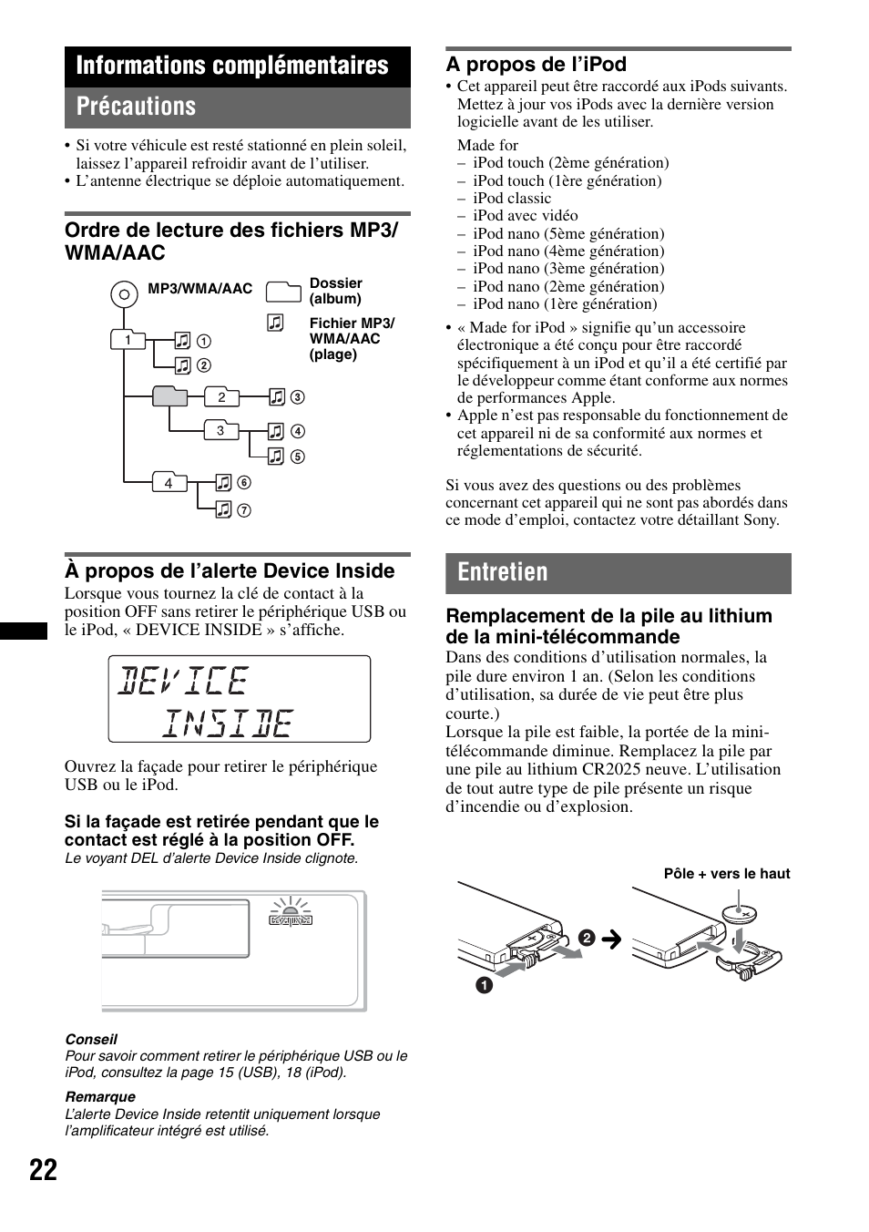 Informations complémentaires, Précautions, Ordre de lecture des fichiers mp3/ wma/aac | À propos de l’alerte device inside, A propos de l’ipod, Entretien, Informations complémentaires précautions | Sony DSX-S100 User Manual | Page 48 / 80