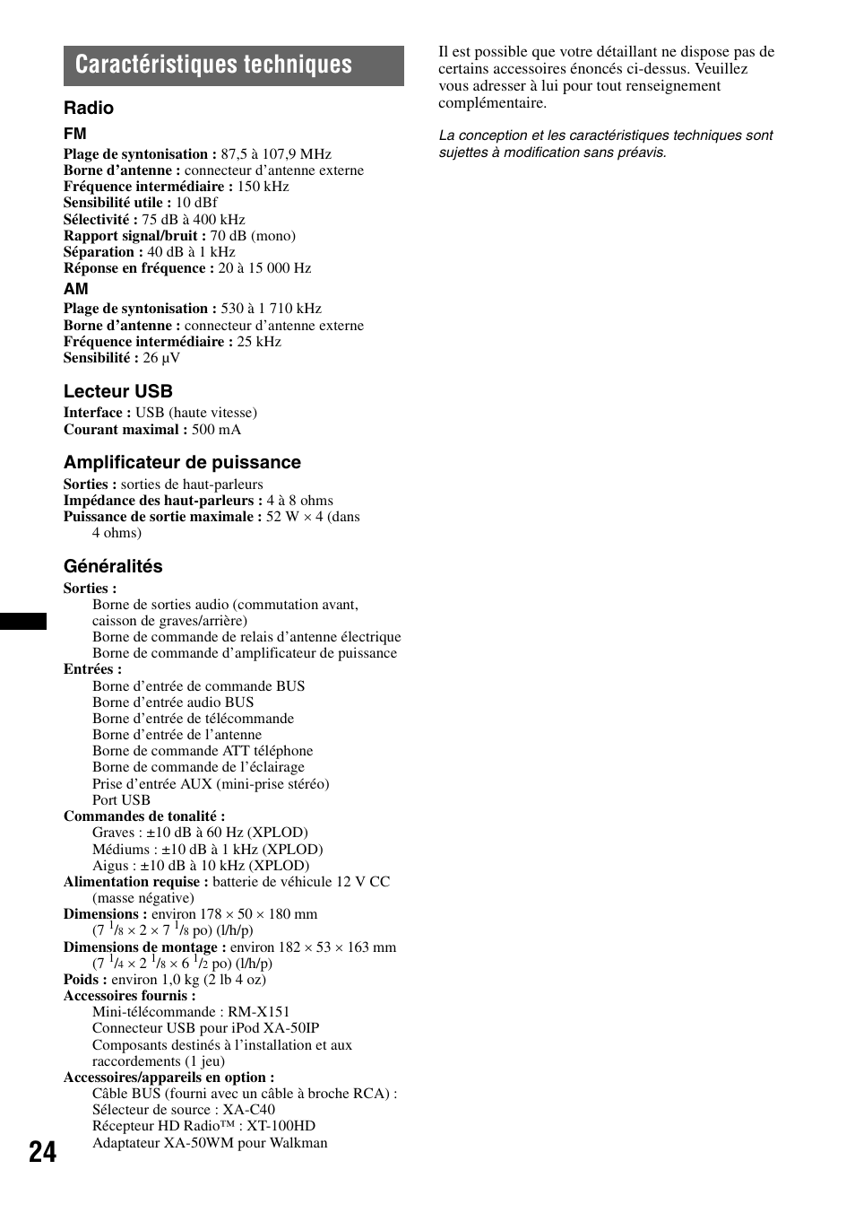 Caractéristiques techniques, Radio, Lecteur usb | Amplificateur de puissance, Généralités | Sony DSX-S100 User Manual | Page 50 / 80